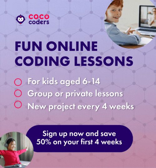 Coco Coders online coding lessons for kids aged 6 -14,  fun, interactive classes with new creative projects every 4 weeks. Group or private options available, 50% off first four classes. Engaging online learning for children